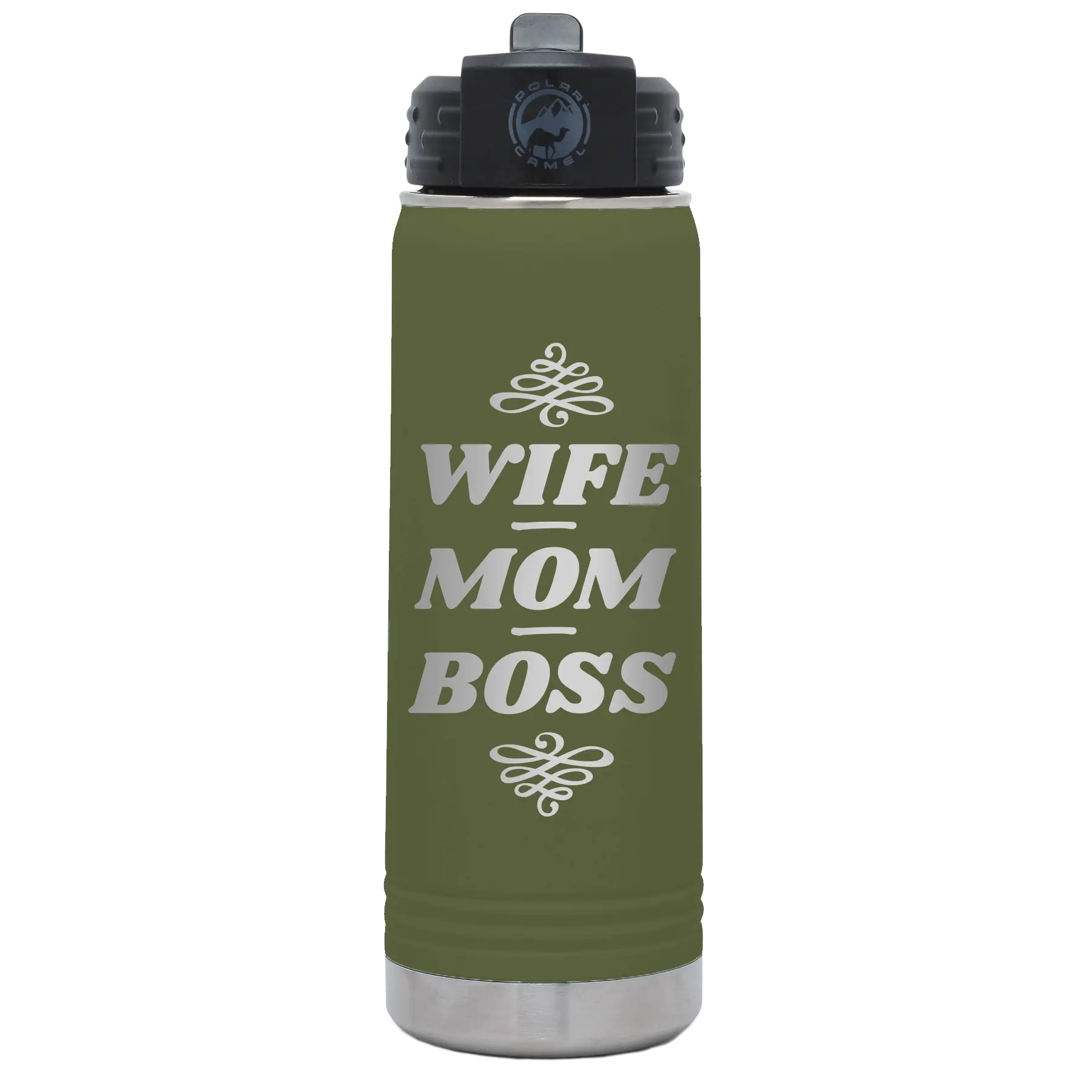 Laser etched olive green 20 oz vacuum insulated water bottle with 'Wife Mom Boss' design
