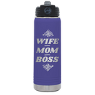 Laser etched purple 20 oz vacuum insulated water bottle with 'Wife Mom Boss' design