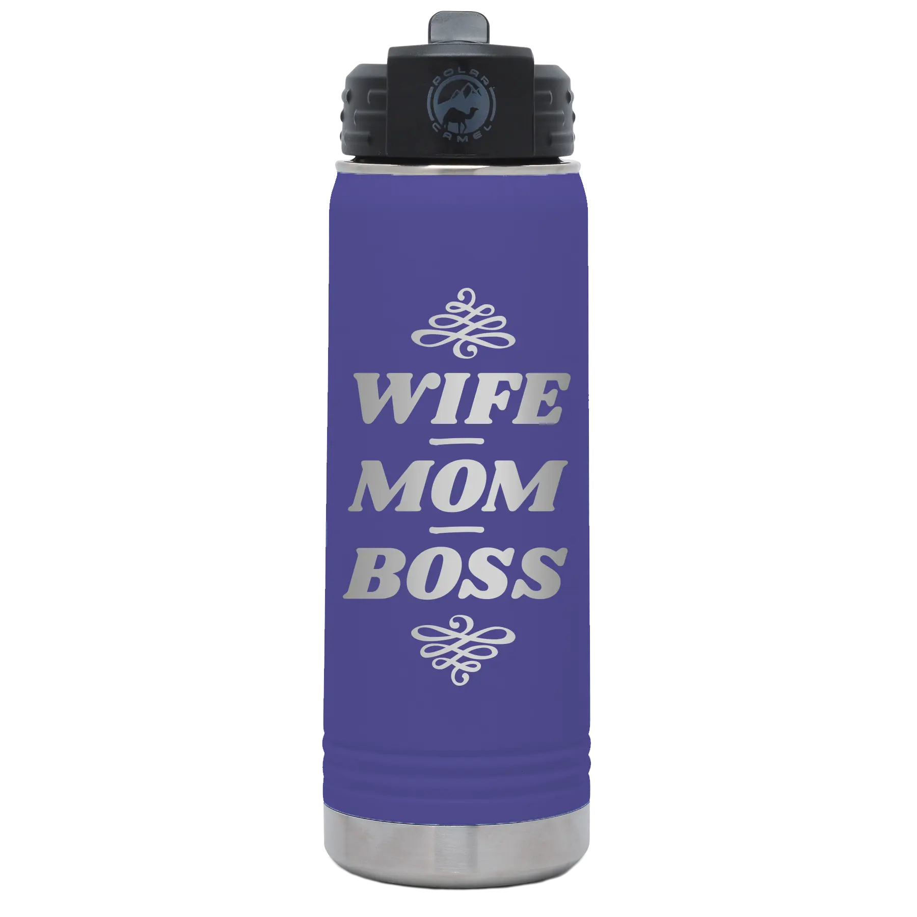Laser etched purple 20 oz vacuum insulated water bottle with 'Wife Mom Boss' design