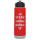 Laser etched red 20 oz vacuum insulated water bottle with 'Wife Mom Boss' design