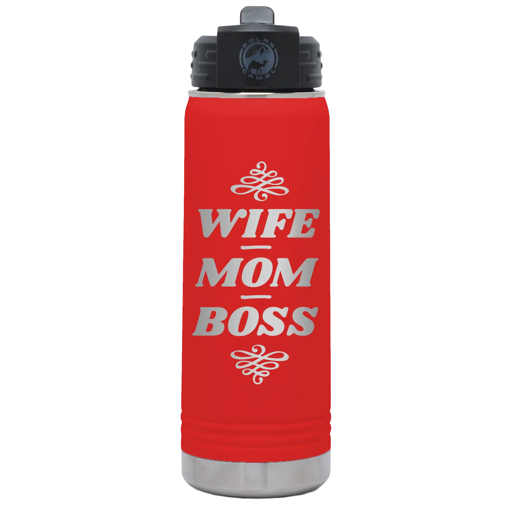 Laser etched red 20 oz vacuum insulated water bottle with 'Wife Mom Boss' design