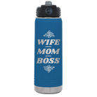 Laser etched royal blue 20 oz vacuum insulated water bottle with 'Wife Mom Boss' design