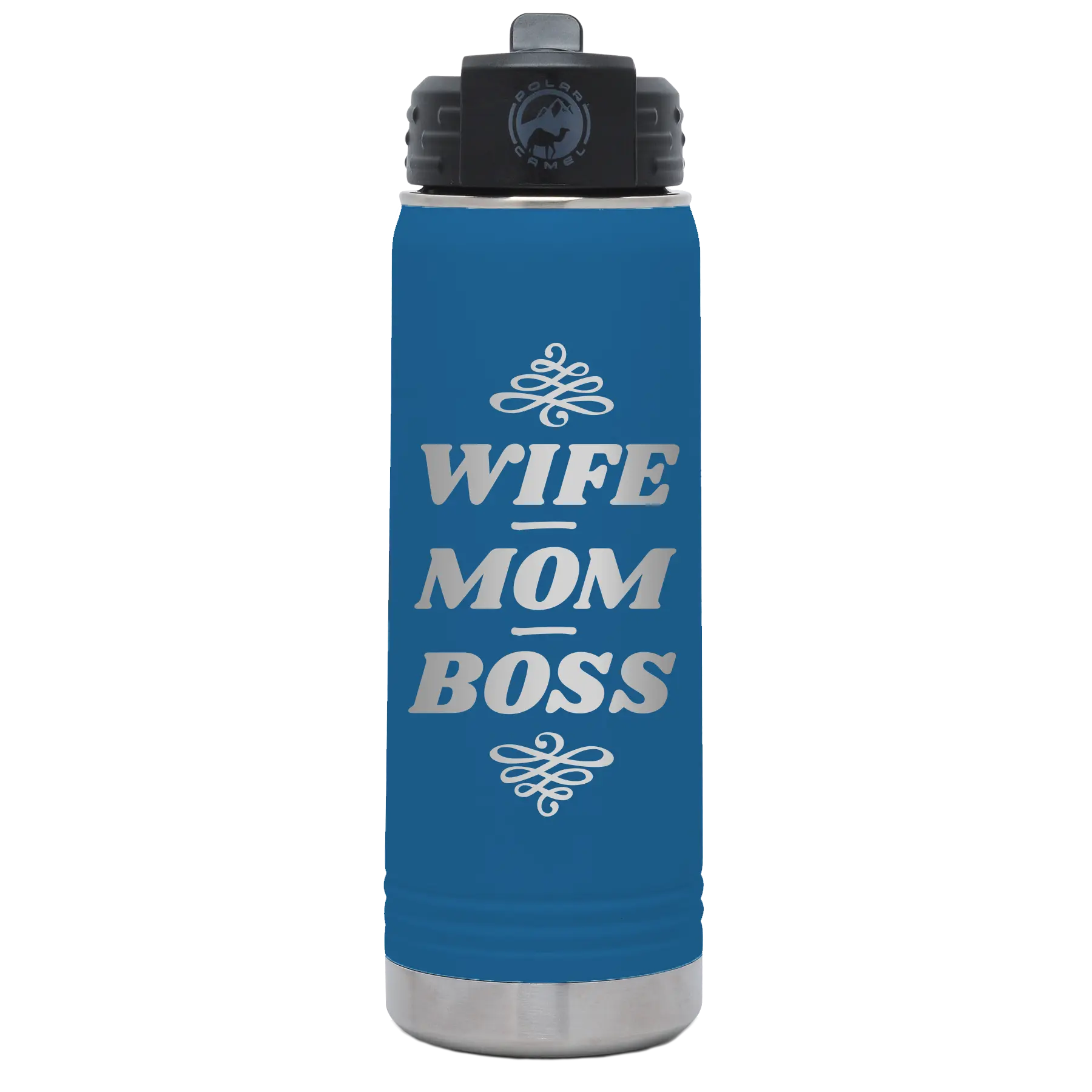Laser etched royal blue 20 oz vacuum insulated water bottle with 'Wife Mom Boss' design