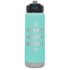 Laser etched teal 20 oz vacuum insulated water bottle with 'Wife Mom Boss' design