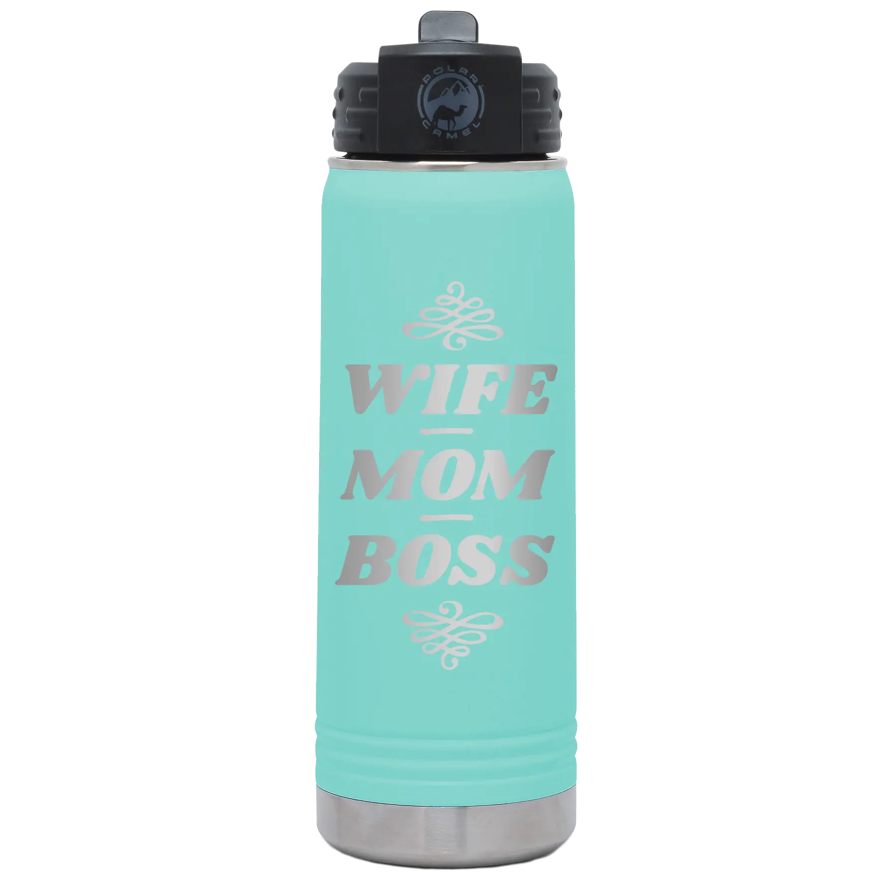 Laser etched teal 20 oz vacuum insulated water bottle with 'Wife Mom Boss' design
