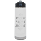 Laser etched white 20 oz vacuum insulated water bottle with 'Wife Mom Boss' design