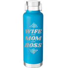 Laser etched aqua 24 oz vacuum insulated water bottle with 'Wife Mom Boss' design