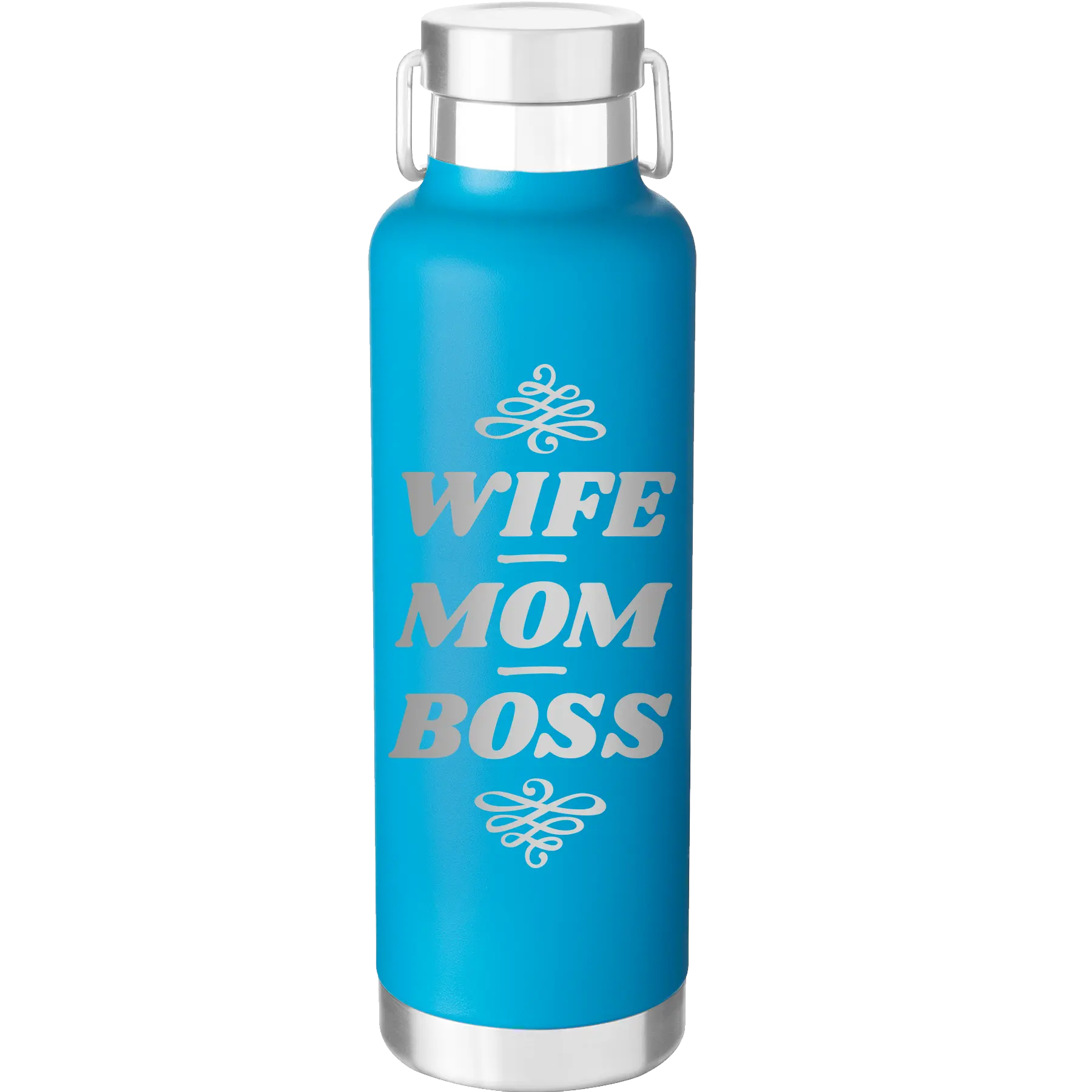 Laser etched aqua 24 oz vacuum insulated water bottle with 'Wife Mom Boss' design