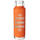 Laser etched orange 24 oz vacuum insulated water bottle with 'Wife Mom Boss' design