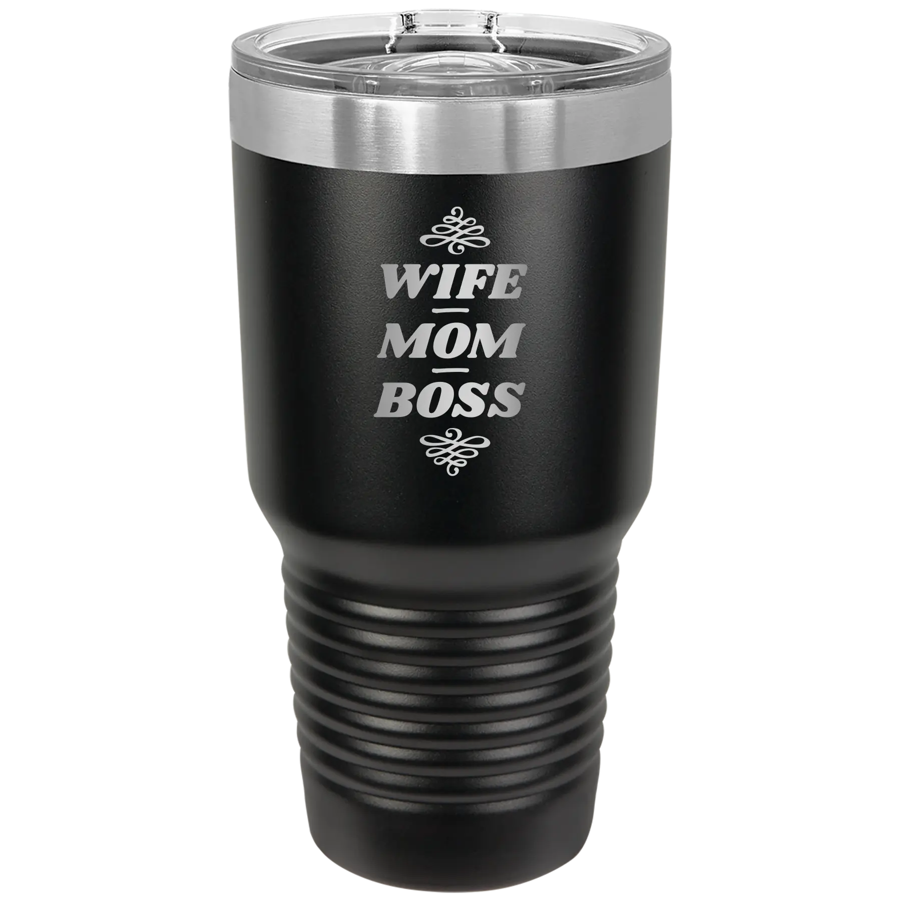 Laser etched black 30 oz vacuum insulated tumbler with 'Wife Mom Boss' design