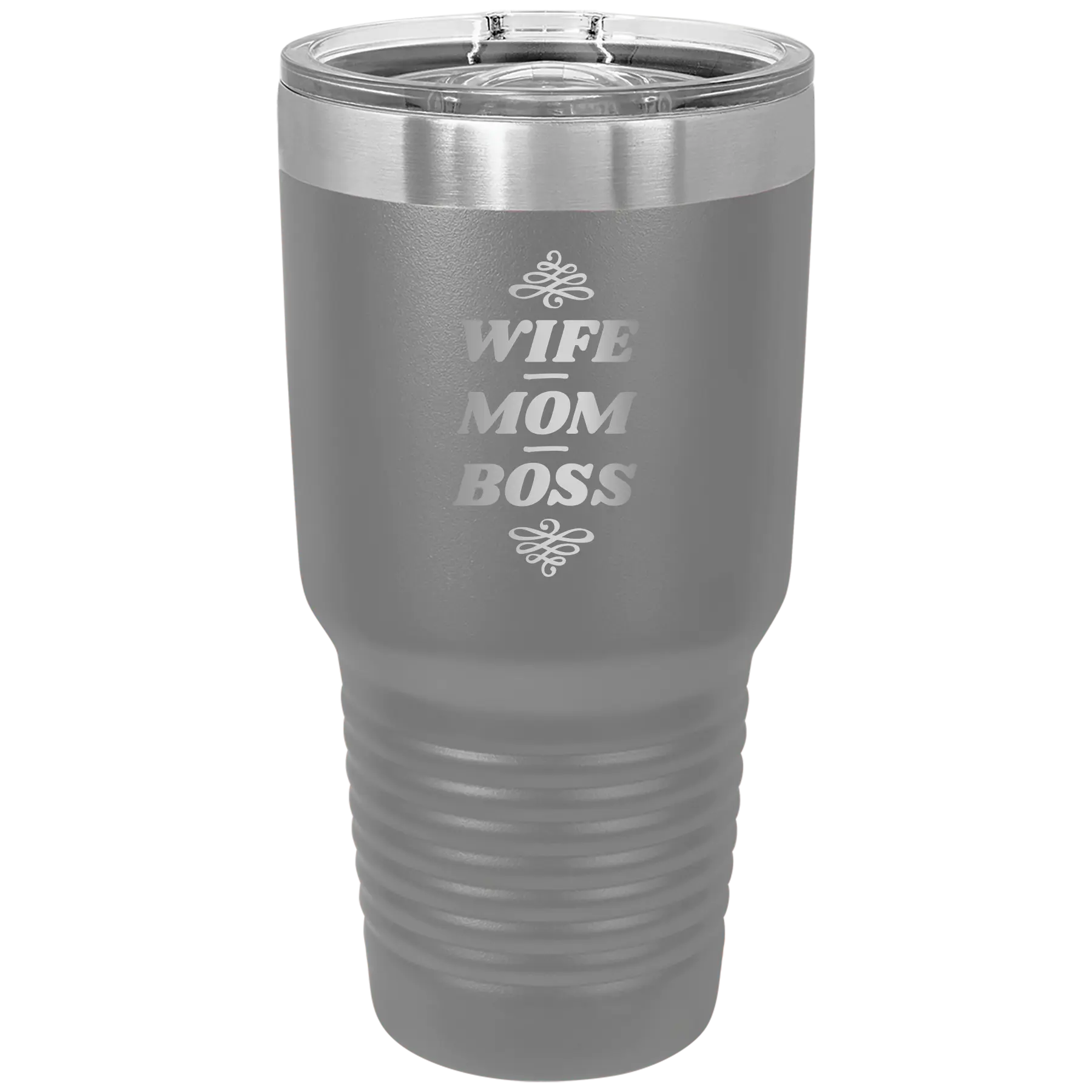 Laser etched dark gray 30 oz vacuum insulated tumbler with 'Wife Mom Boss' design