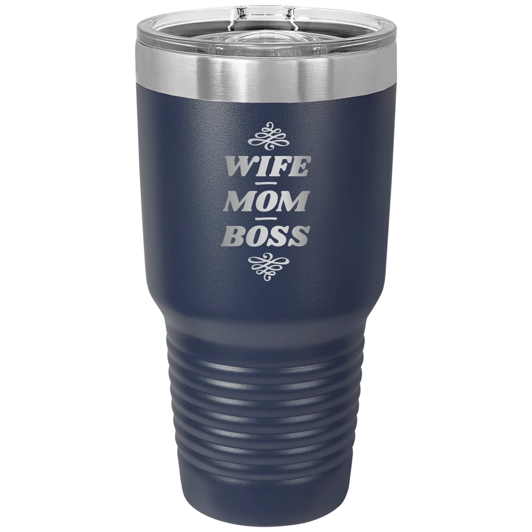 Laser etched navy 30 oz vacuum insulated tumbler with 'Wife Mom Boss' design