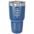 Laser etched royal blue 30 oz vacuum insulated tumbler with 'Wife Mom Boss' design
