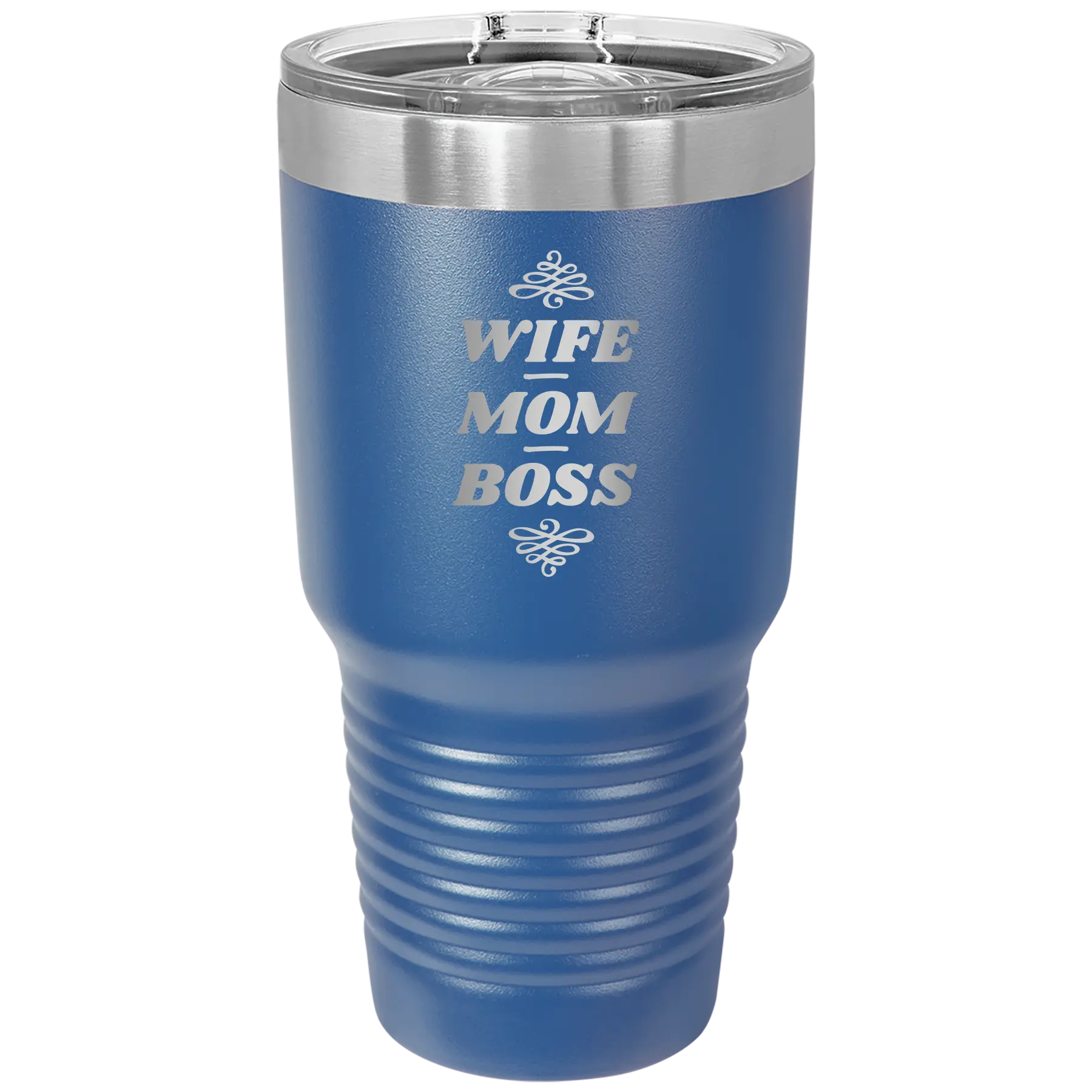 Laser etched royal blue 30 oz vacuum insulated tumbler with 'Wife Mom Boss' design