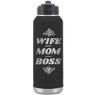 Laser etched black 32 oz vacuum insulated water bottle with 'Wife Mom Boss' design