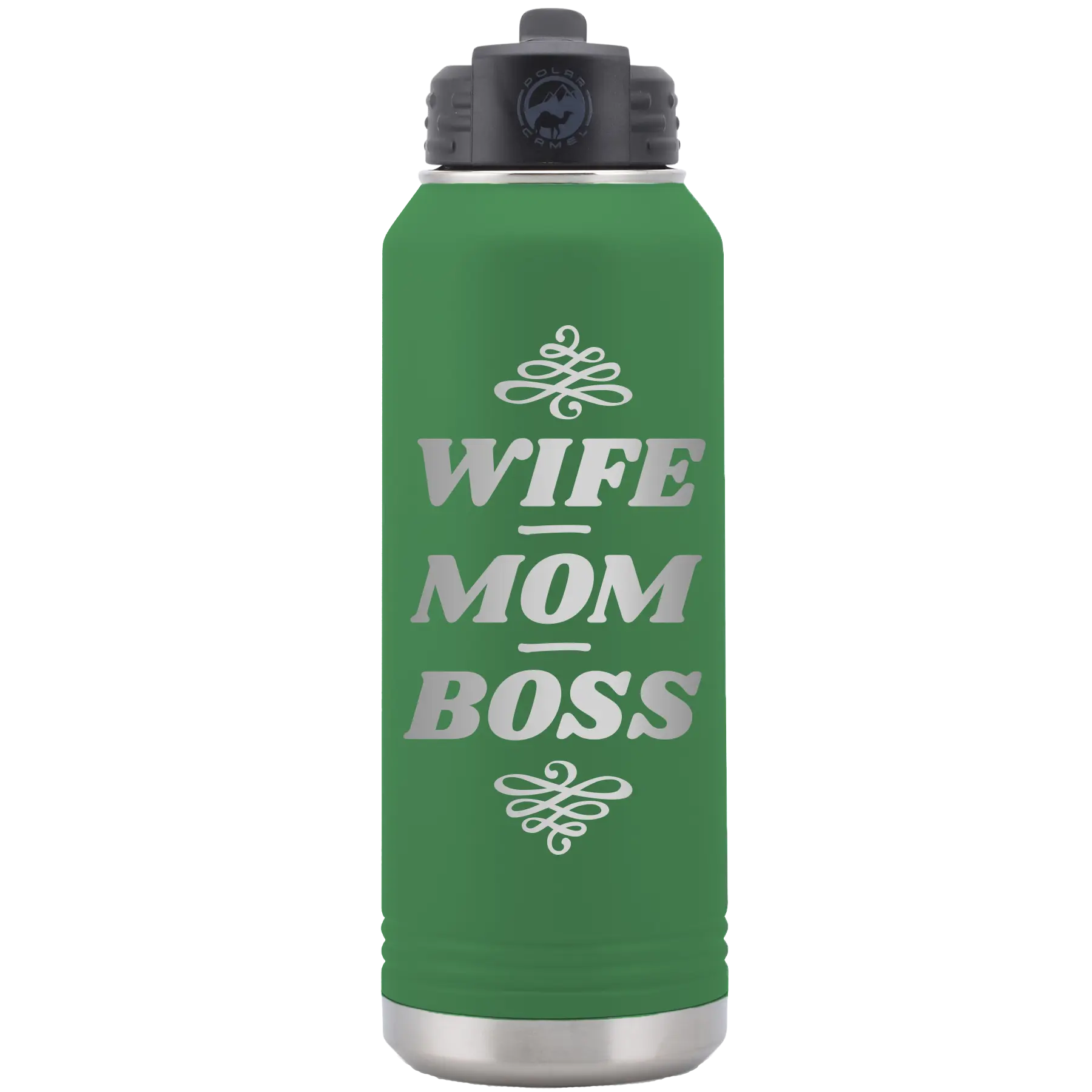 Laser etched green 32 oz vacuum insulated water bottle with 'Wife Mom Boss' design