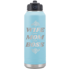 Laser etched light blue 32 oz vacuum insulated water bottle with 'Wife Mom Boss' design