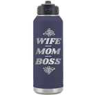 Laser etched navy 32 oz vacuum insulated water bottle with 'Wife Mom Boss' design