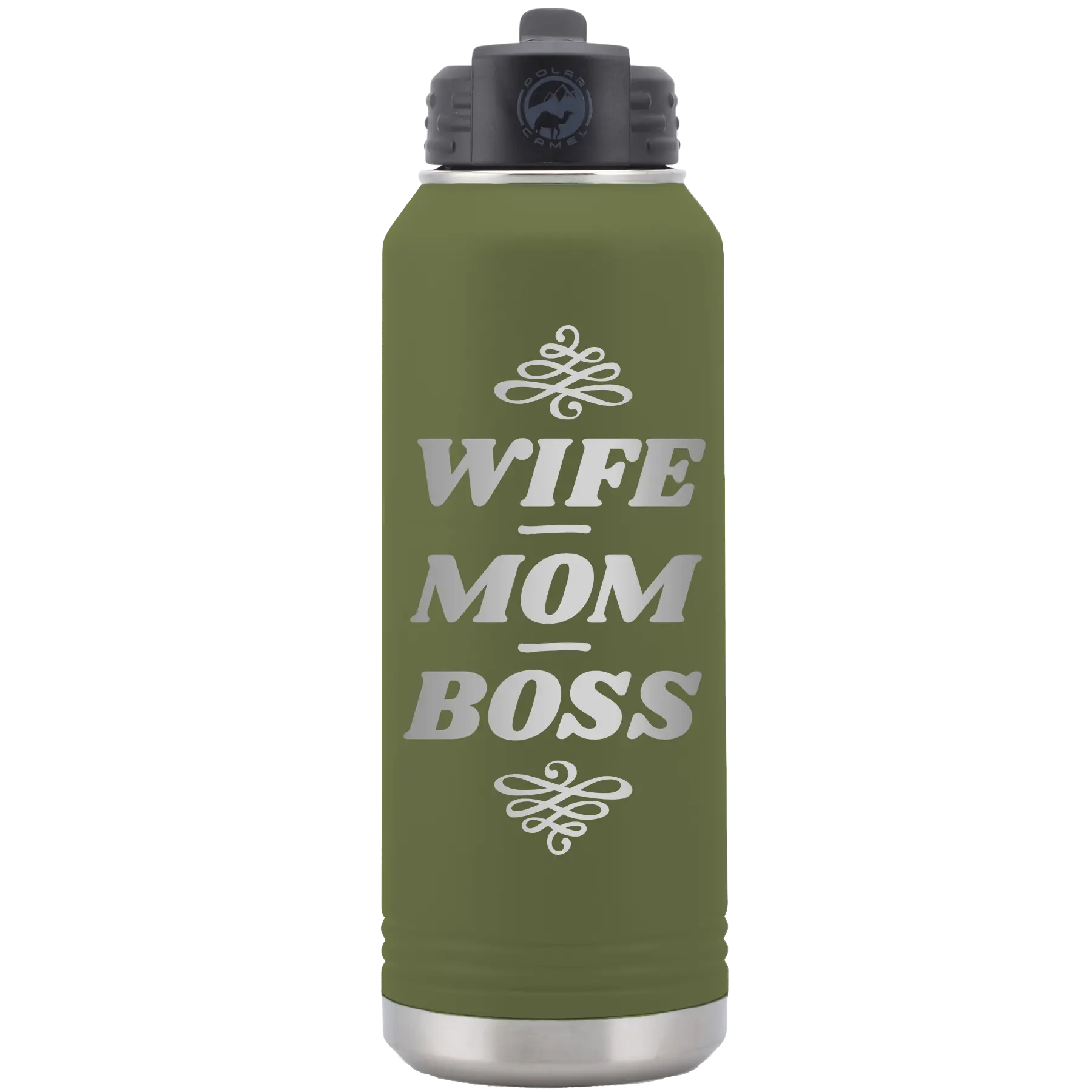 Laser etched olive green 32 oz vacuum insulated water bottle with 'Wife Mom Boss' design