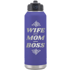 Laser etched purple 32 oz vacuum insulated water bottle with 'Wife Mom Boss' design