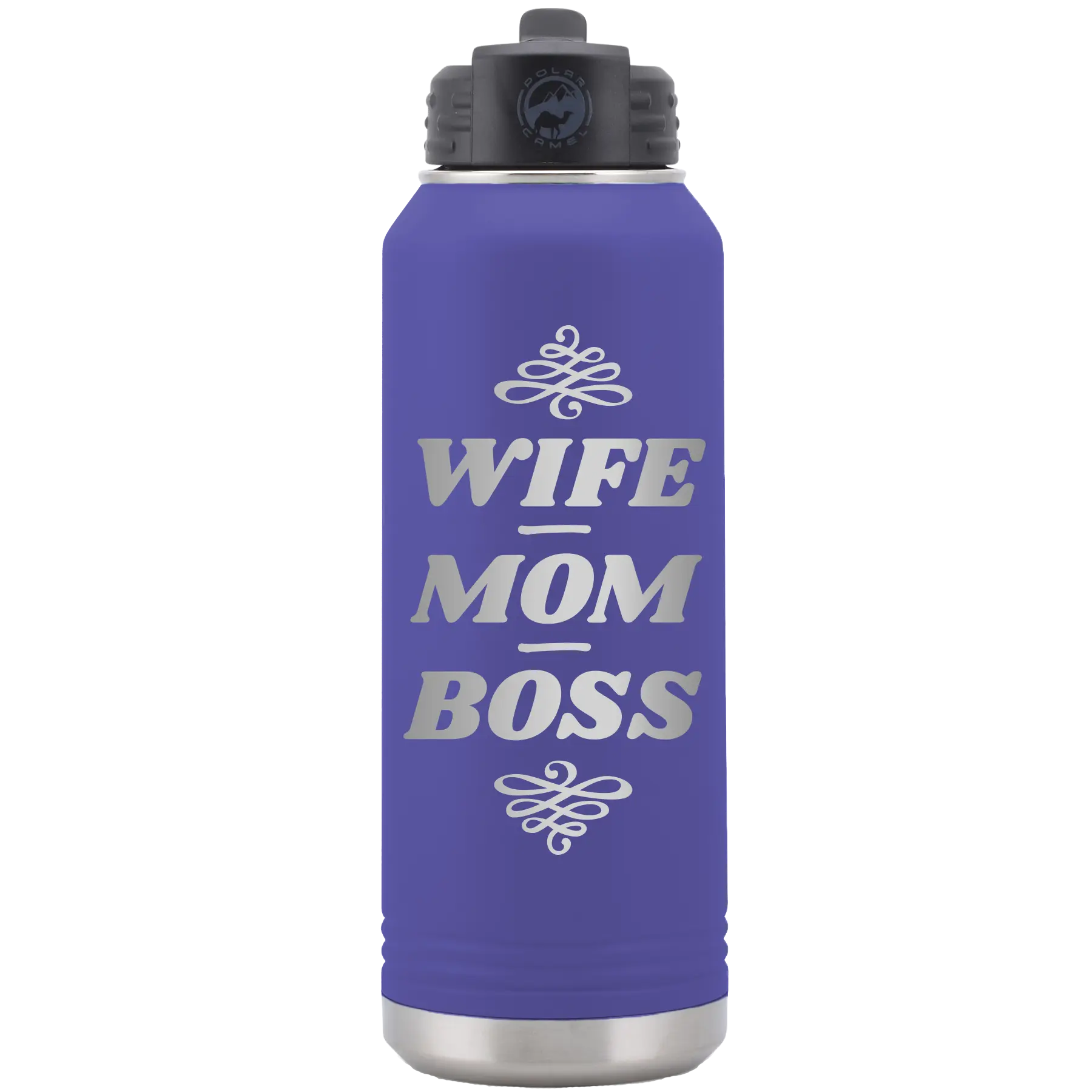 Laser etched purple 32 oz vacuum insulated water bottle with 'Wife Mom Boss' design
