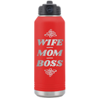 Laser etched red 32 oz vacuum insulated water bottle with 'Wife Mom Boss' design