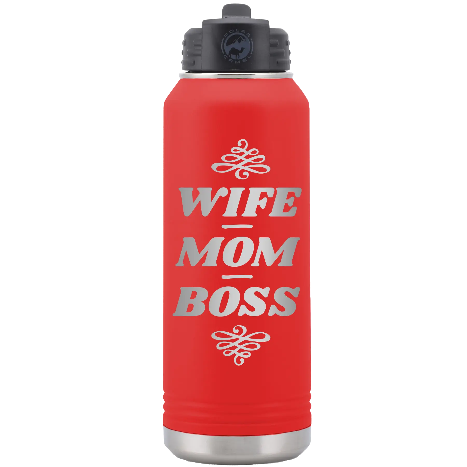 Laser etched red 32 oz vacuum insulated water bottle with 'Wife Mom Boss' design