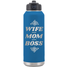 Laser etched royal blue 32 oz vacuum insulated water bottle with 'Wife Mom Boss' design