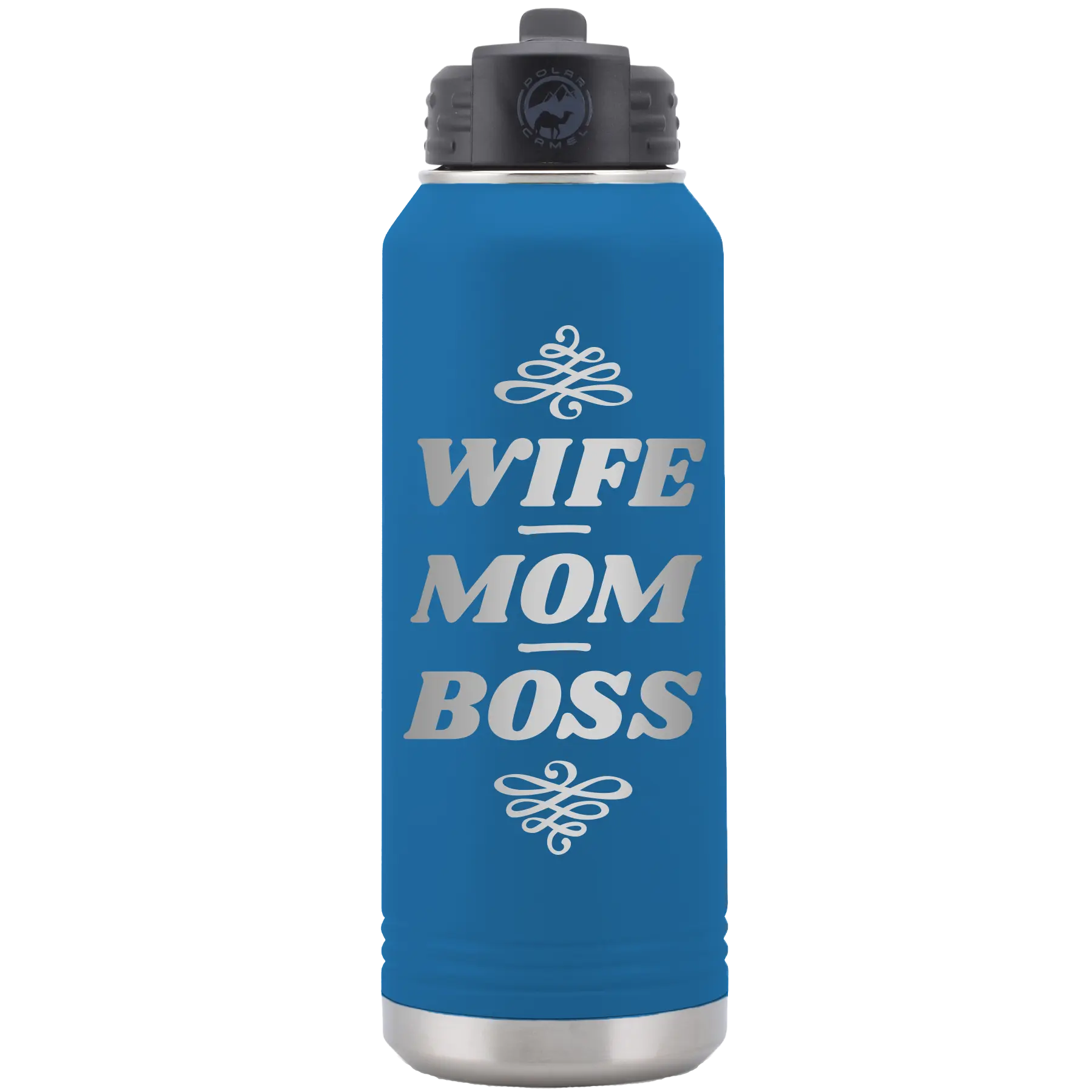 Laser etched royal blue 32 oz vacuum insulated water bottle with 'Wife Mom Boss' design