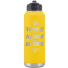 Laser etched yellow 32 oz vacuum insulated water bottle with 'Wife Mom Boss' design