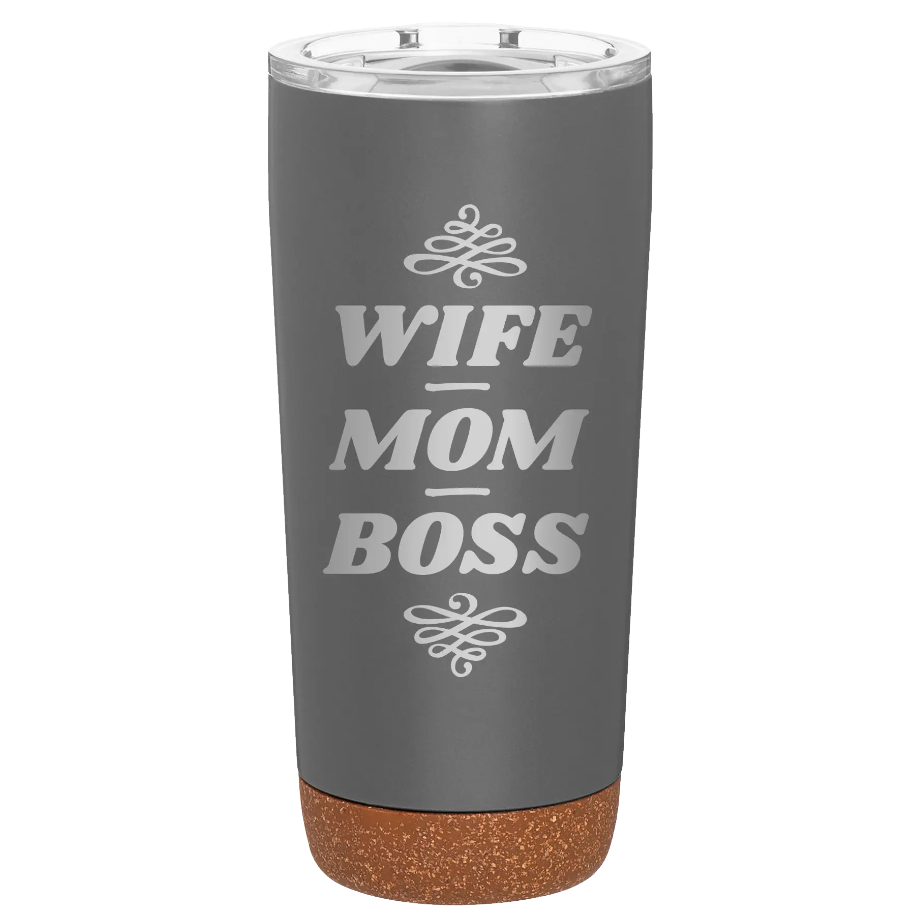 Laser etched storm gray 20 oz vacuum insulated tumbler with 'Wife Mom Boss' design