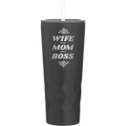 Laser etched black 20 oz vacuum insulated tumbler with 'Wife Mom Boss' design