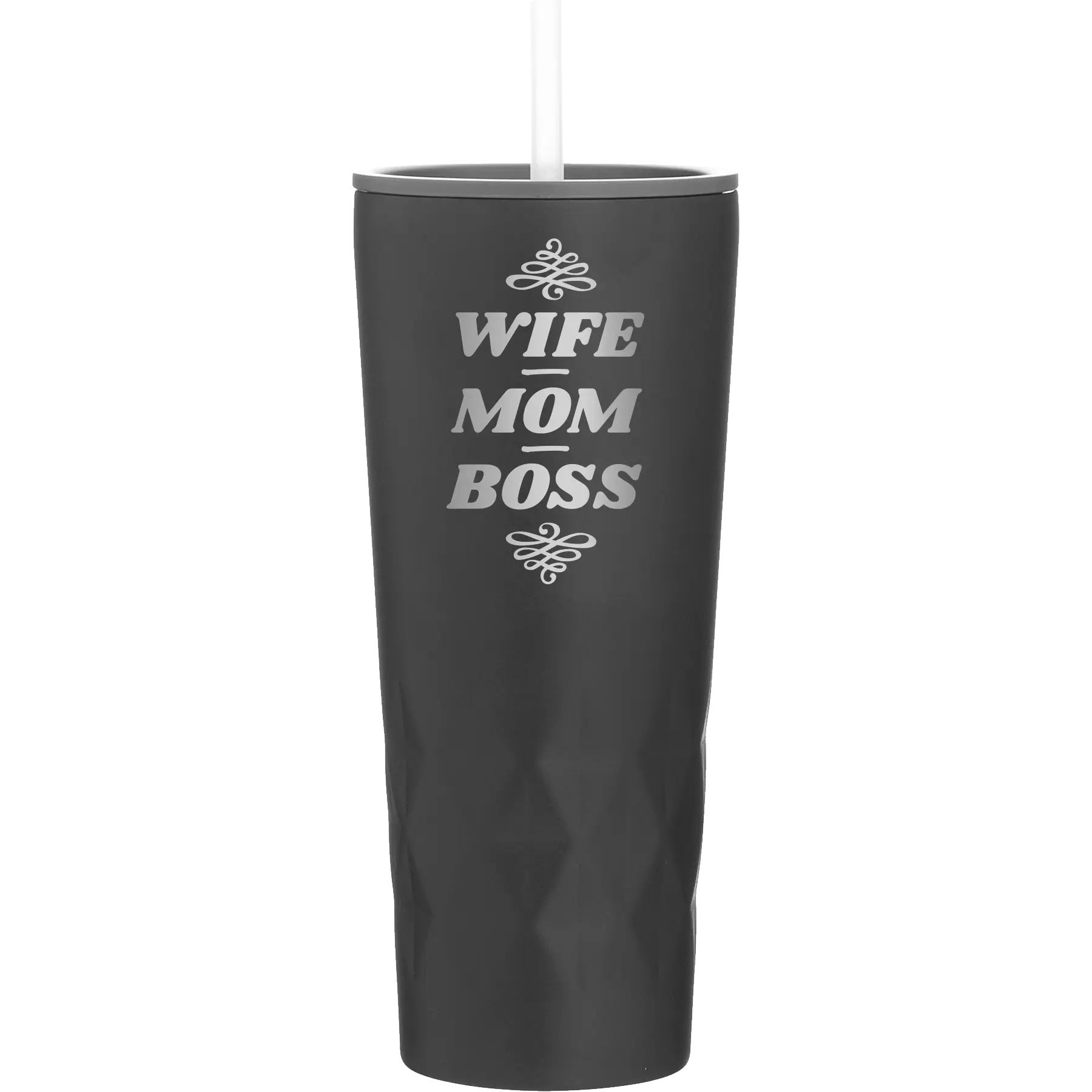 Laser etched black 20 oz vacuum insulated tumbler with 'Wife Mom Boss' design