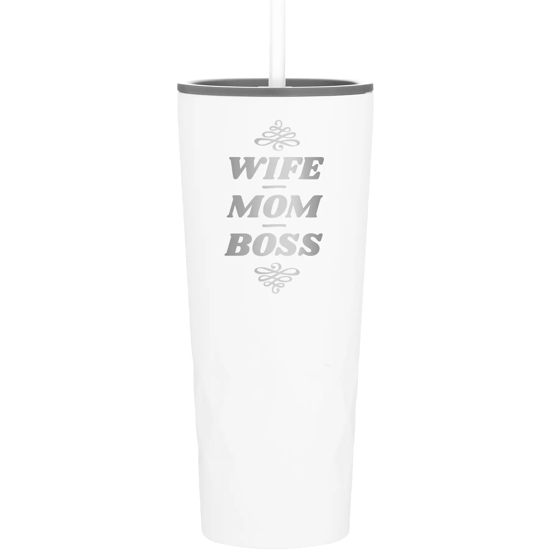 Laser etched white 20 oz vacuum insulated tumbler with 'Wife Mom Boss' design