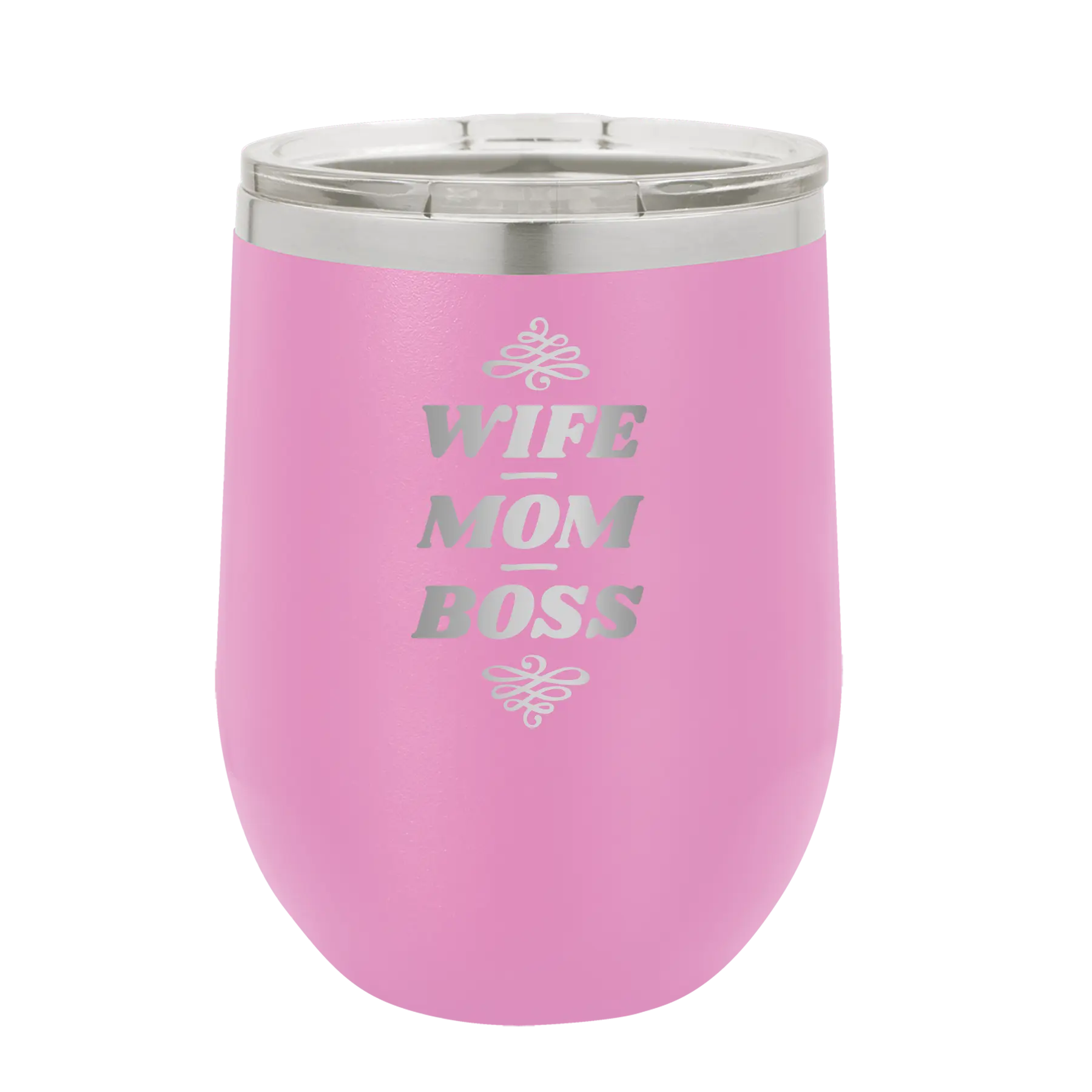 Laser etched light purple 12 oz vacuum insulated wine cup with 'Wife Mom Boss' design