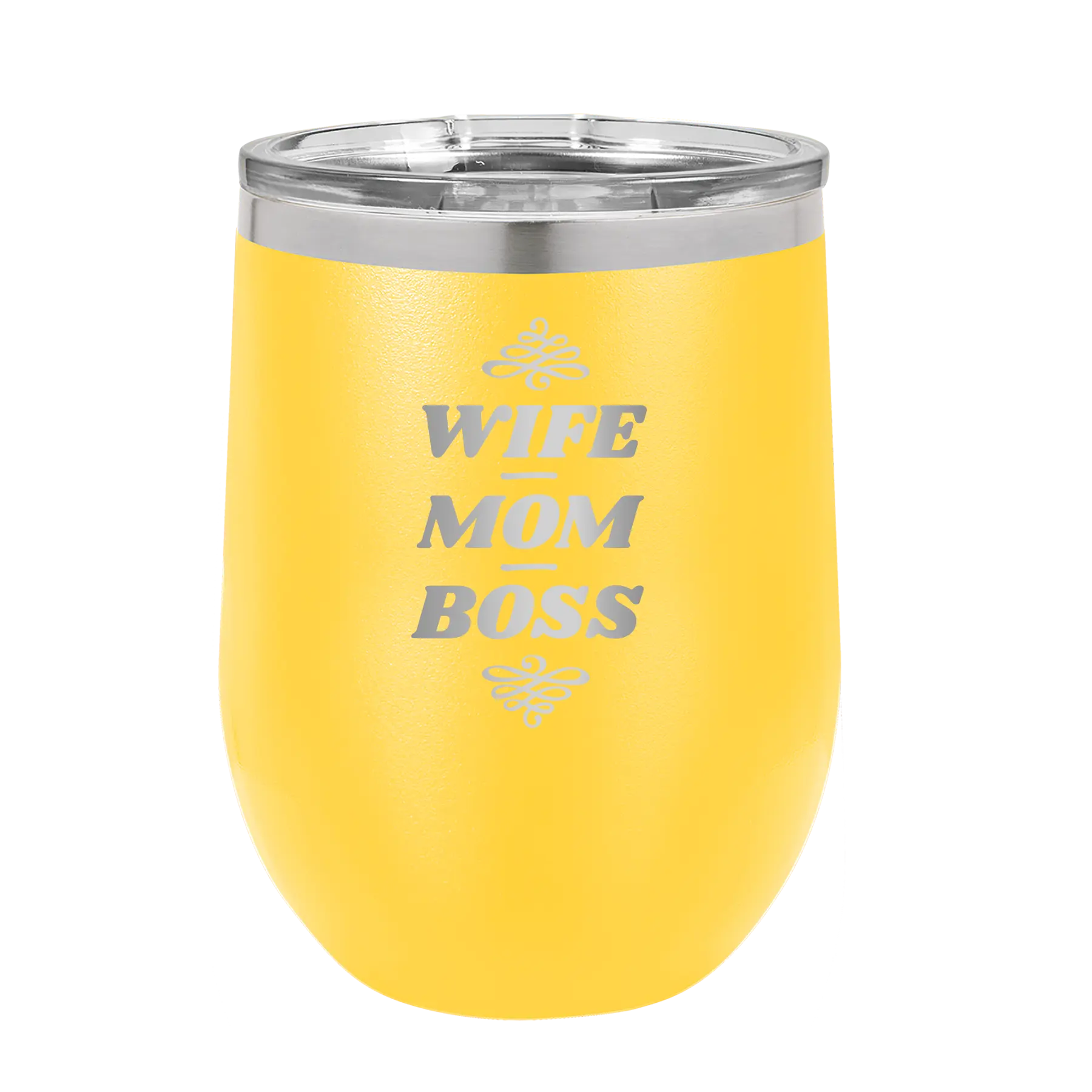 Laser etched yellow 12 oz vacuum insulated wine cup with 'Wife Mom Boss' design