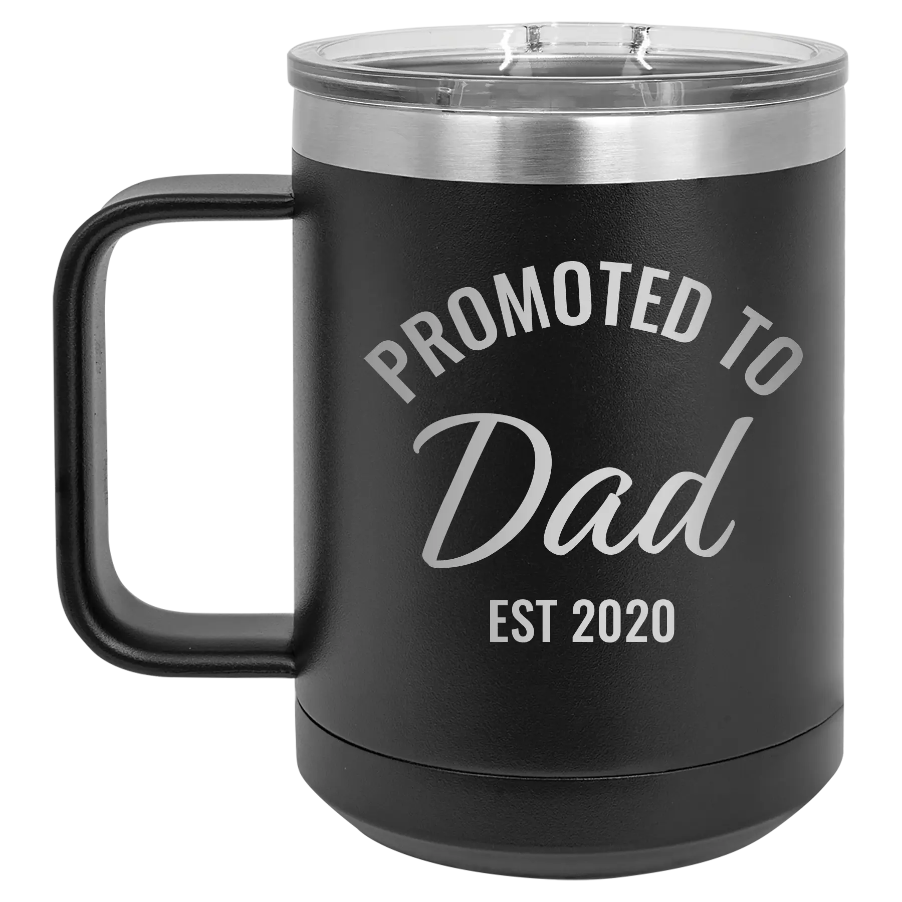 Personalized black 15 oz vacuum insulated coffee mug with 'Promoted to Dad' design