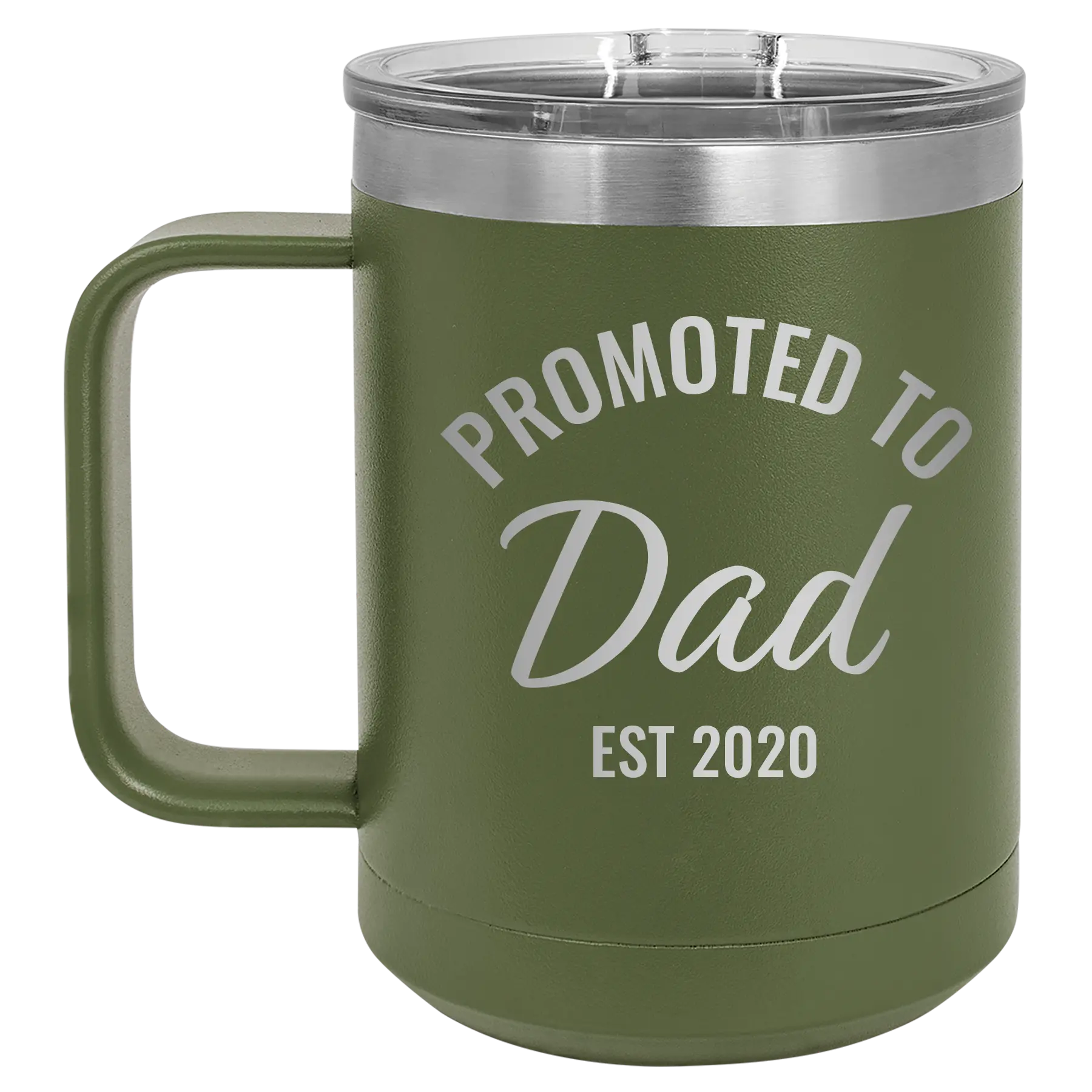Personalized olive green 15 oz vacuum insulated coffee mug with 'Promoted to Dad' design