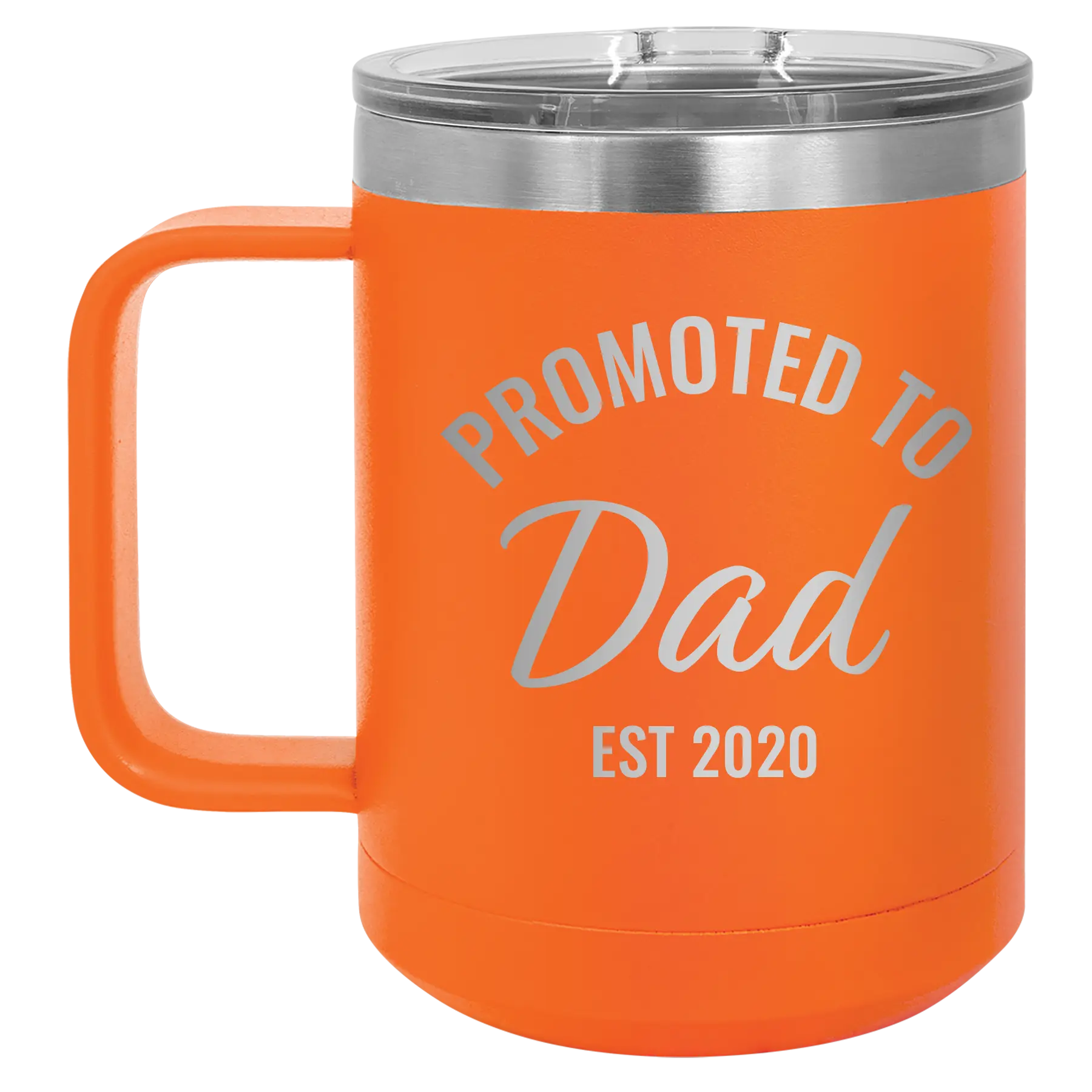 Personalized orange 15 oz vacuum insulated coffee mug with 'Promoted to Dad' design