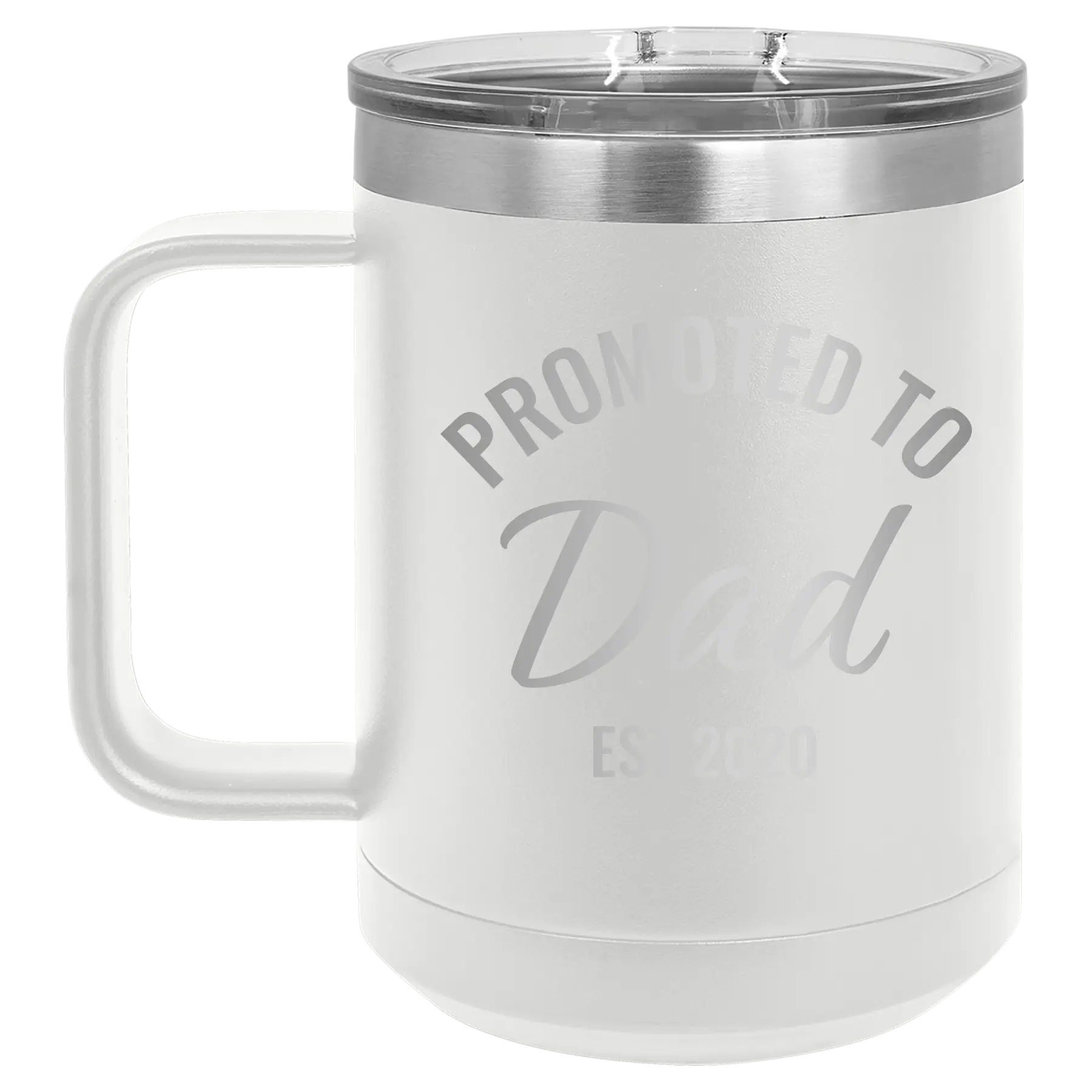 Personalized white 15 oz vacuum insulated coffee mug with 'Promoted to Dad' design
