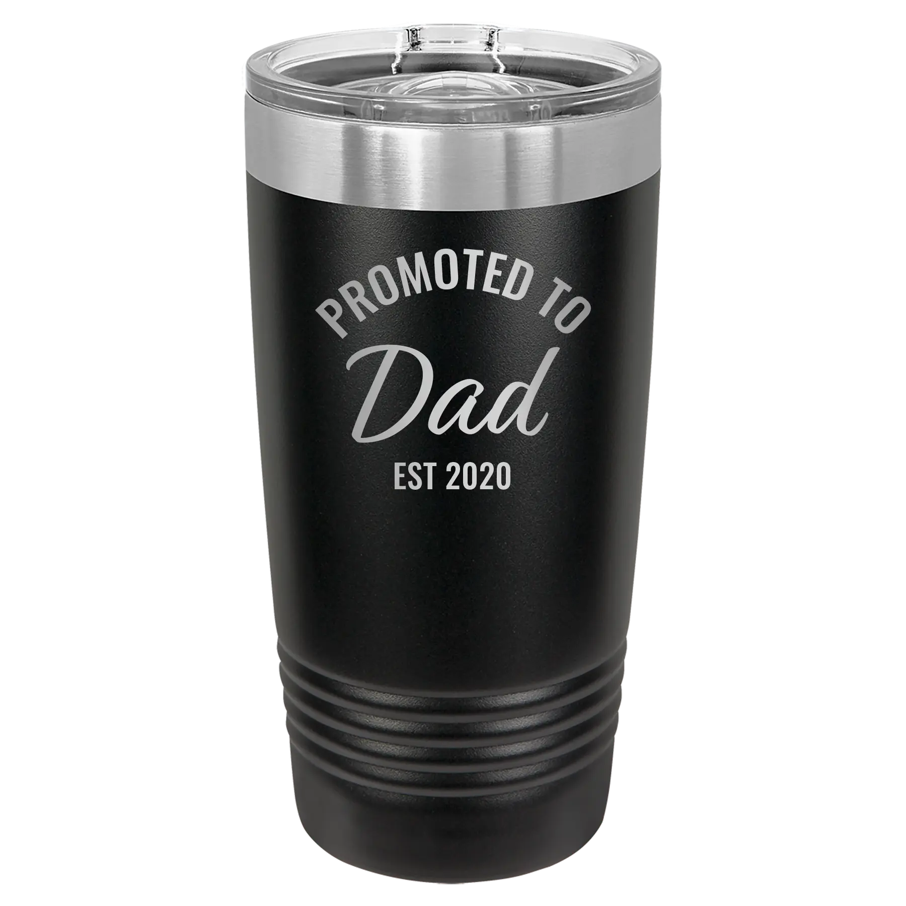 Personalized black 20 oz vacuum insulated tumbler with 'Promoted to Dad' design