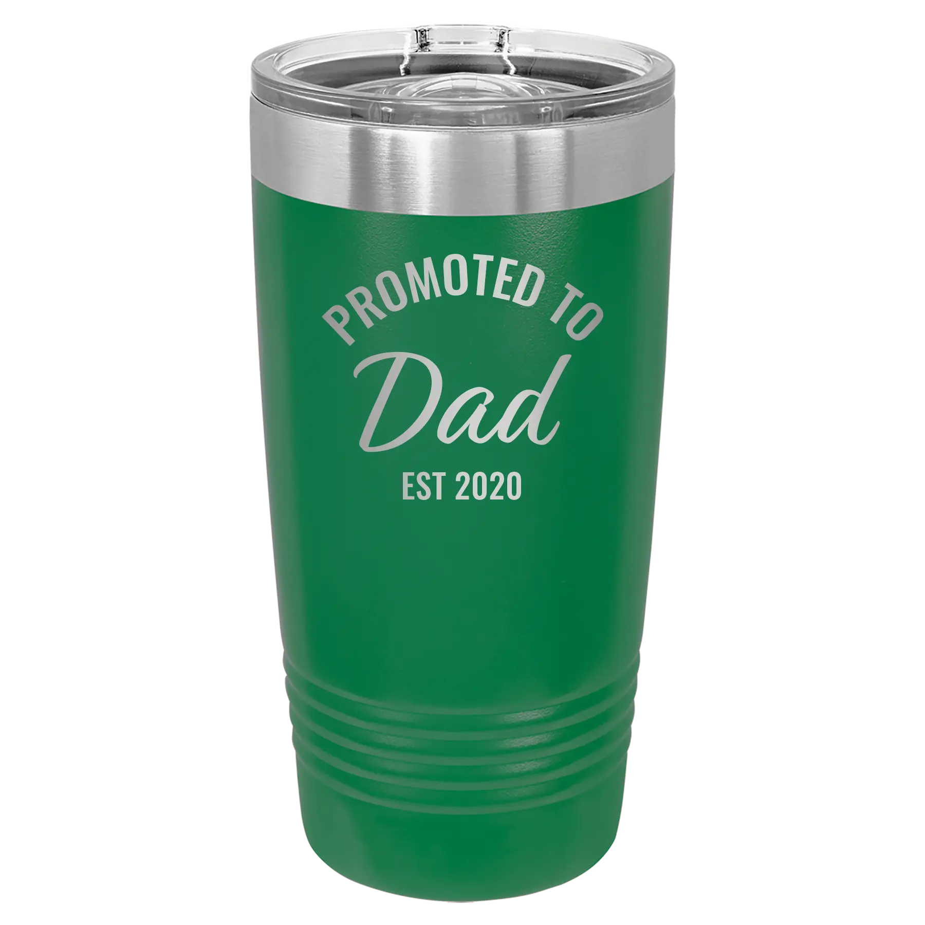 Personalized green 20 oz vacuum insulated tumbler with 'Promoted to Dad' design