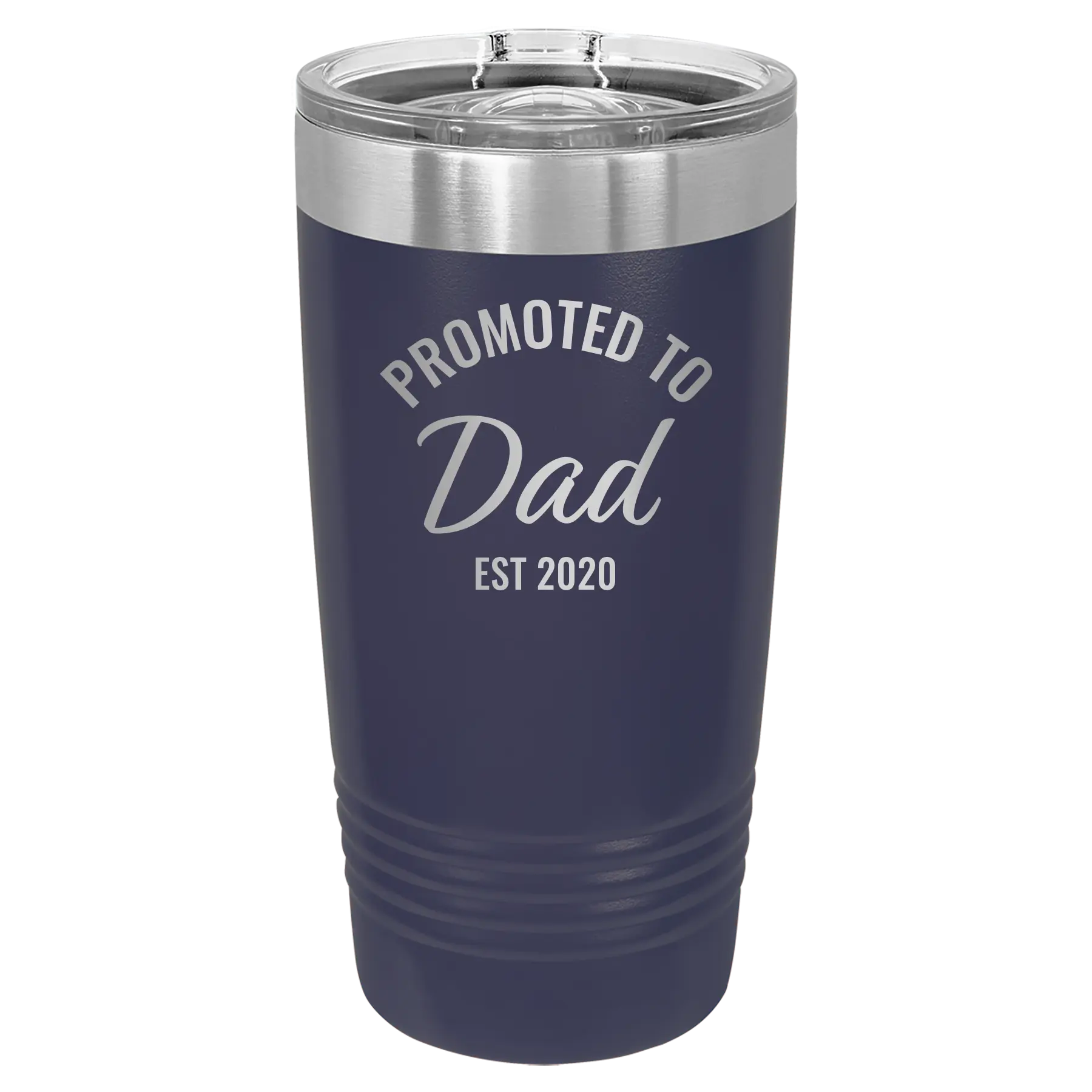 Personalized navy 20 oz vacuum insulated tumbler with 'Promoted to Dad' design