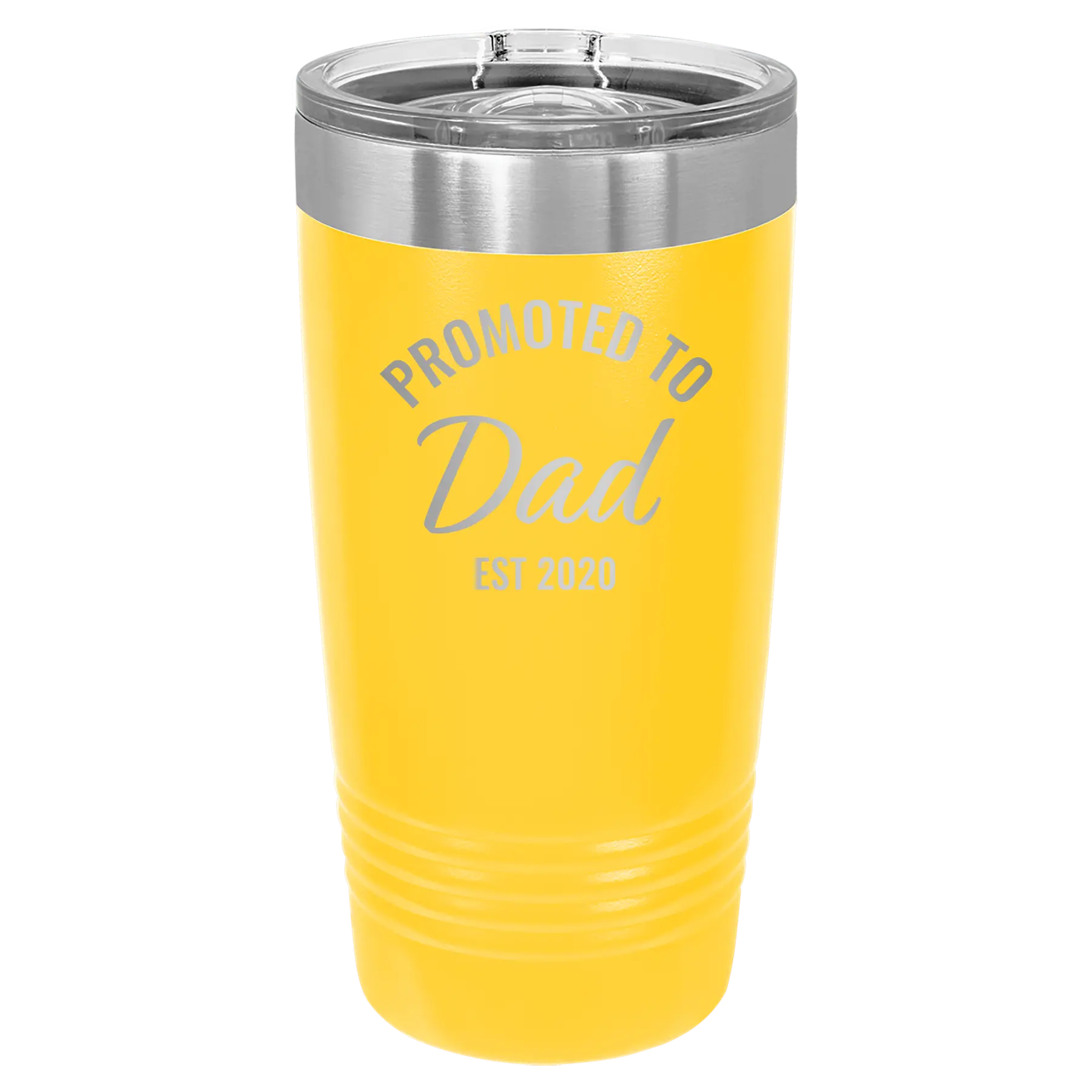 Personalized yellow 20 oz vacuum insulated tumbler with 'Promoted to Dad' design