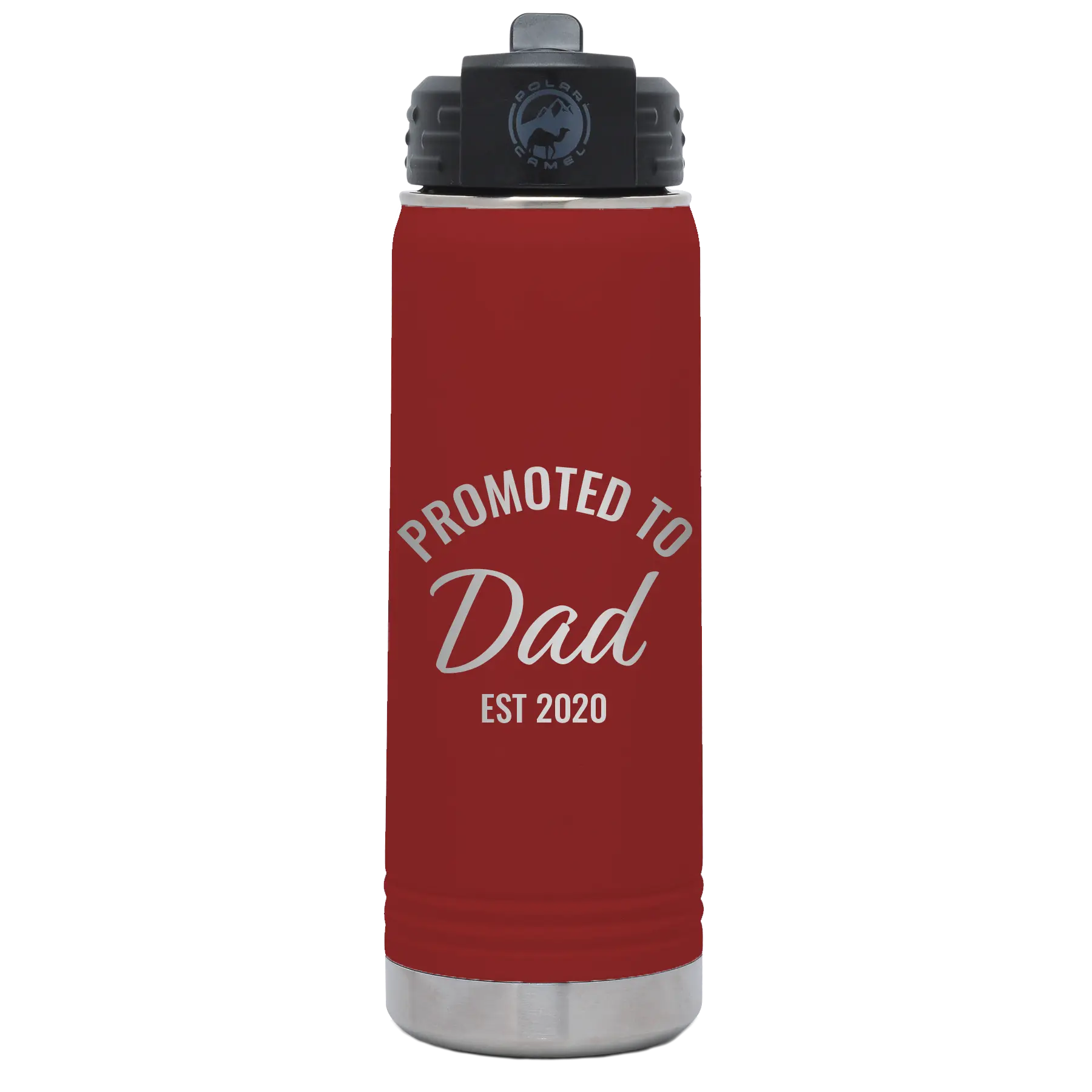 Personalized maroon 20 oz vacuum insulated water bottle with 'Promoted to Dad' design