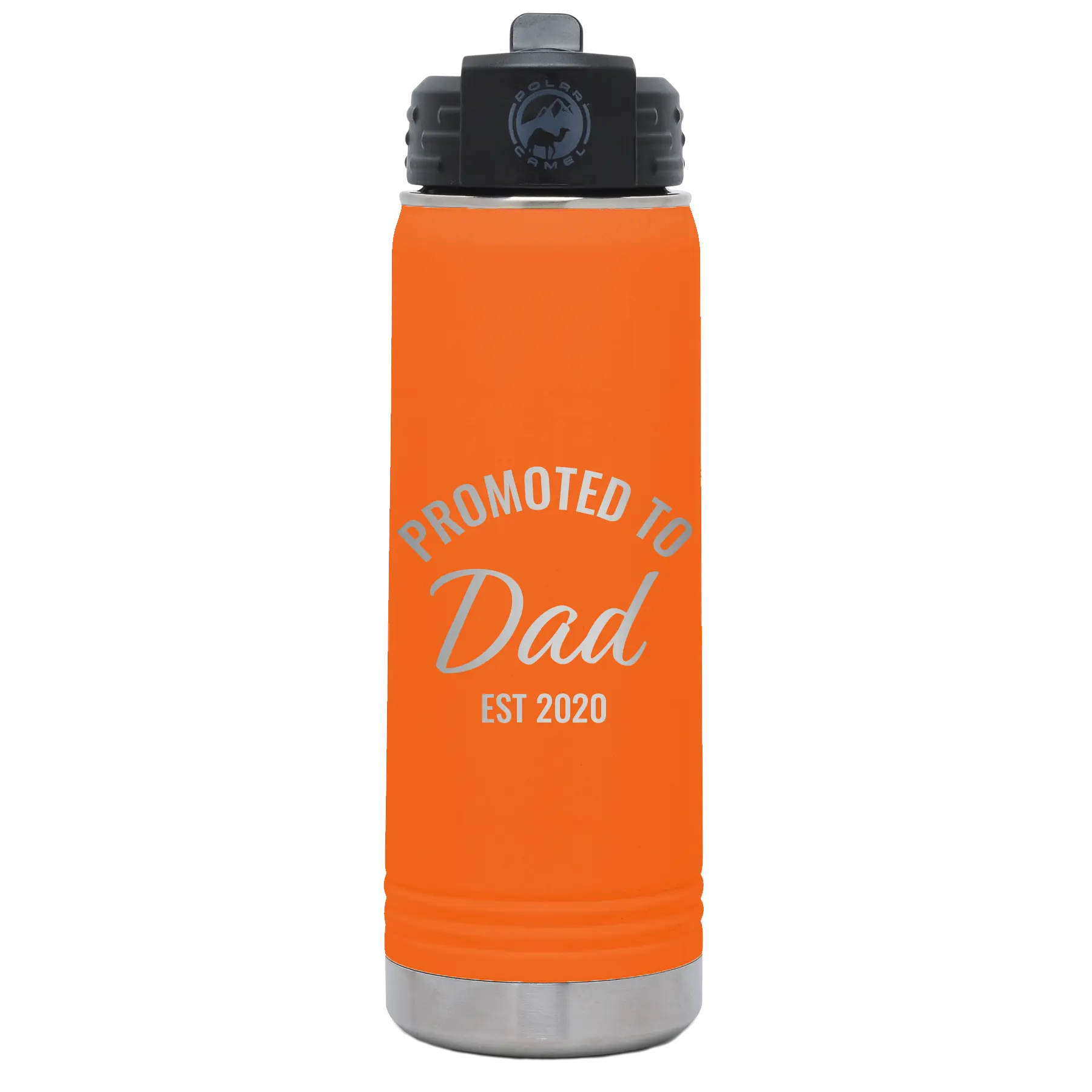 Personalized orange 20 oz vacuum insulated water bottle with 'Promoted to Dad' design