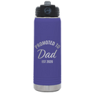 Personalized purple 20 oz vacuum insulated water bottle with 'Promoted to Dad' design