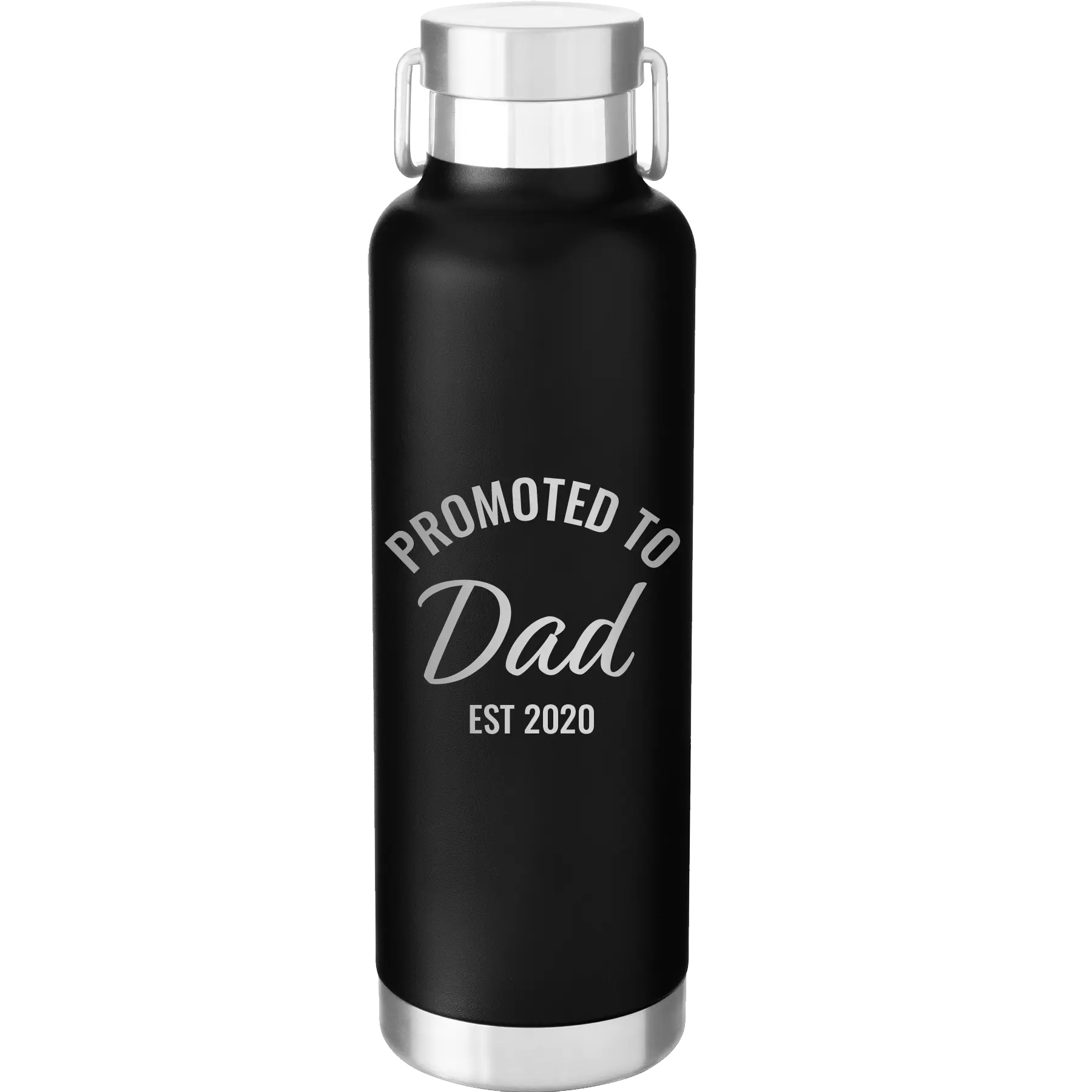 Personalized black 24 oz vacuum insulated water bottle with 'Promoted to Dad' design