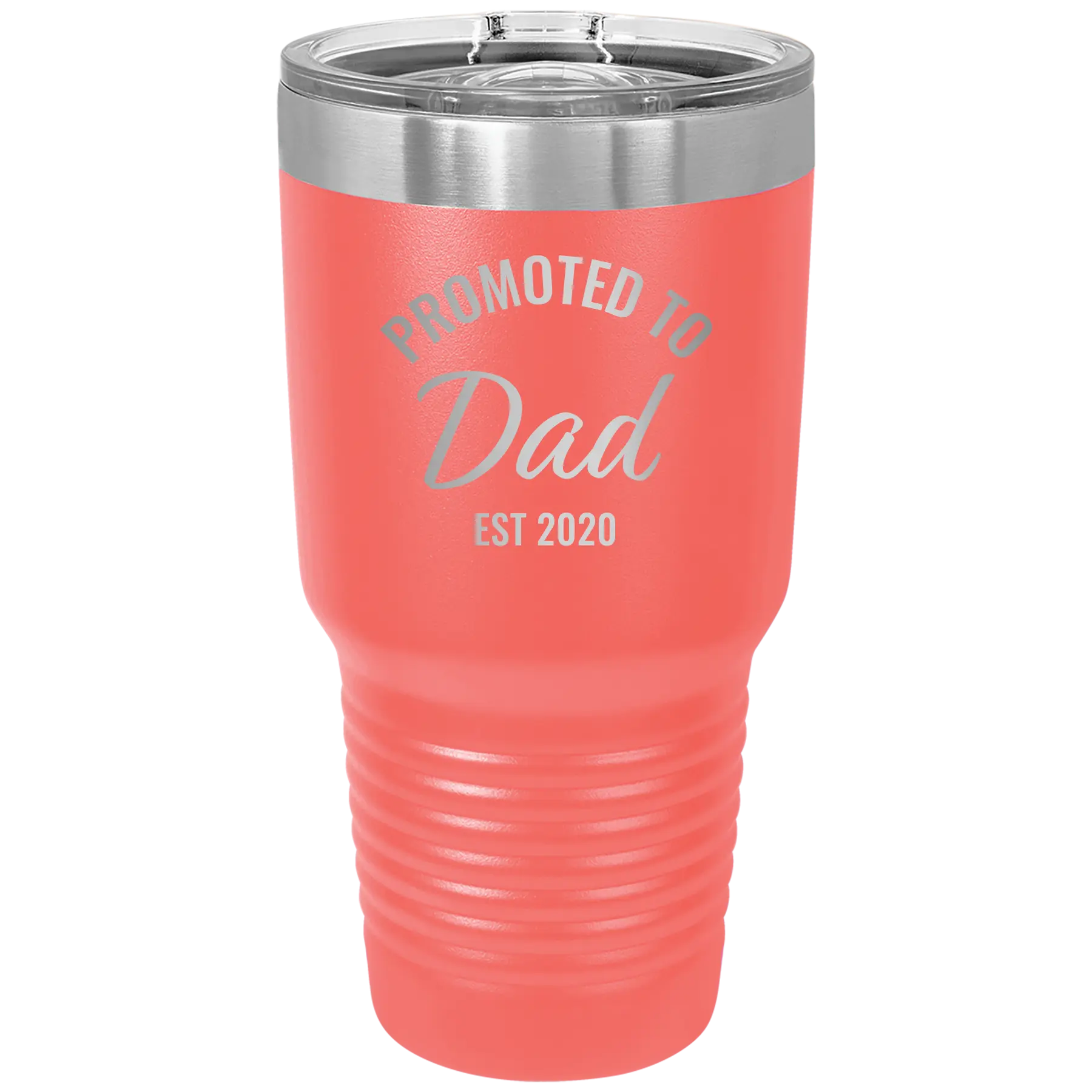 Personalized coral 30 oz vacuum insulated tumbler with 'Promoted to Dad' design