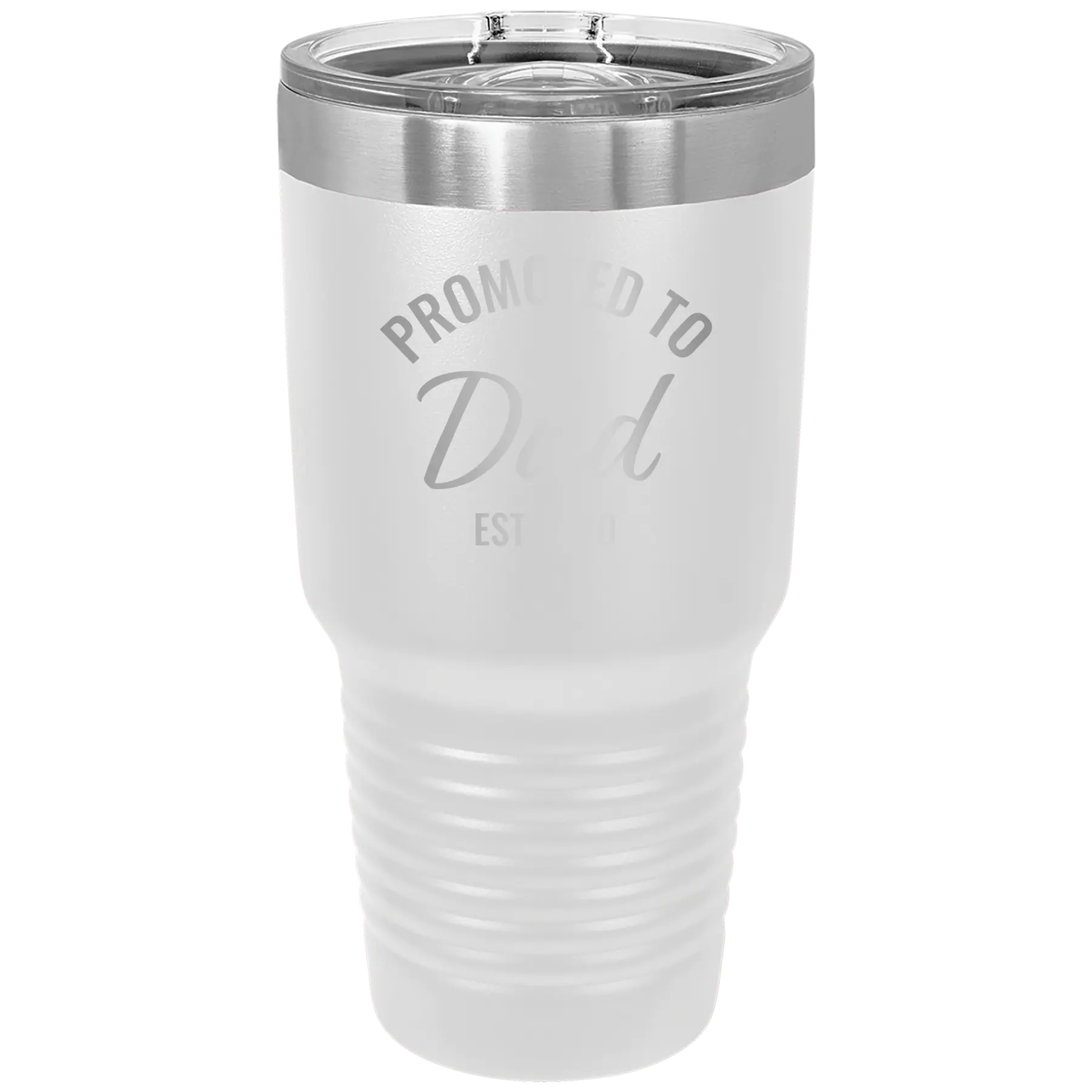 Personalized white 30 oz vacuum insulated tumbler with 'Promoted to Dad' design